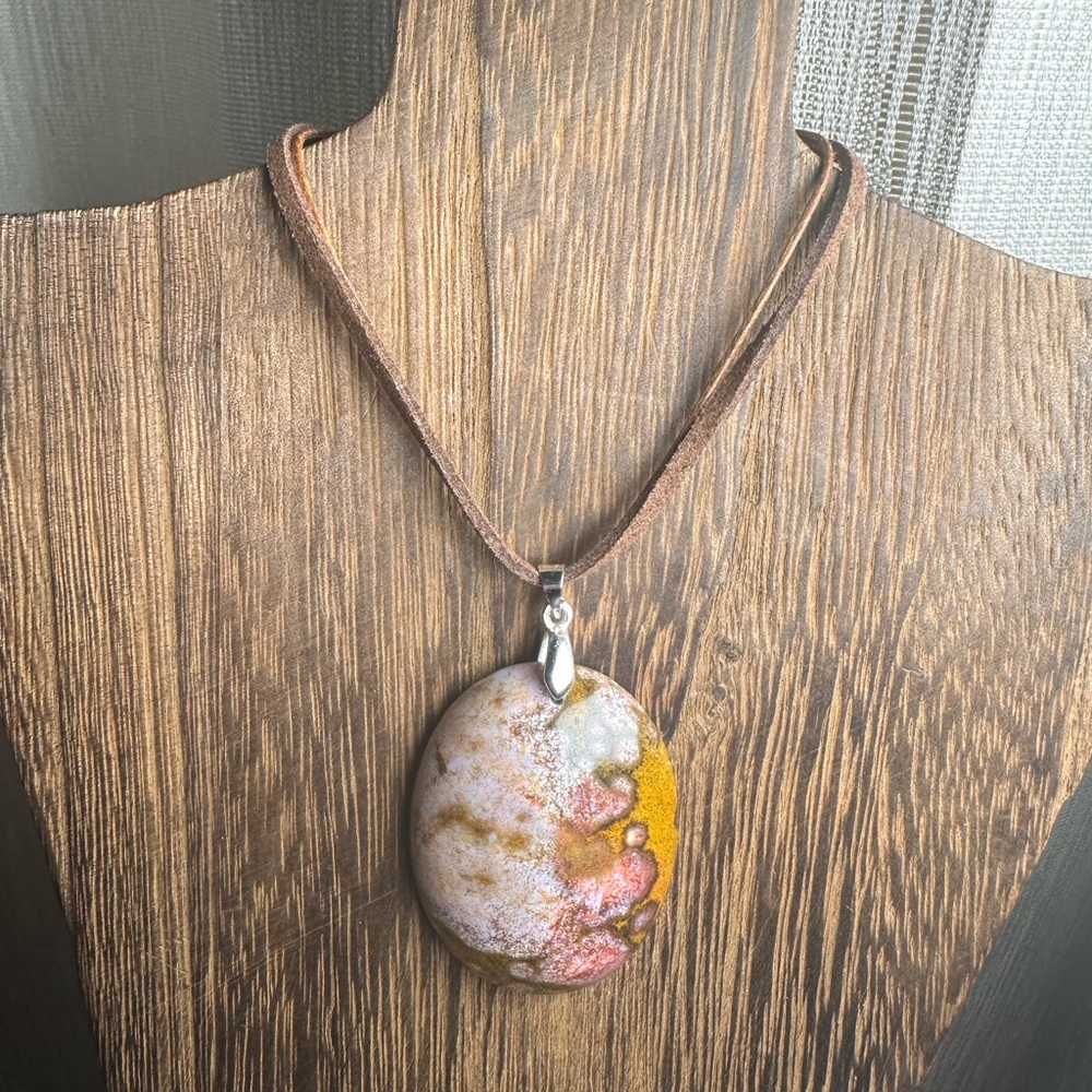 Ocean Jasper Oval Pendant Necklace on Brown Faux Suede - Picture 3 of 15